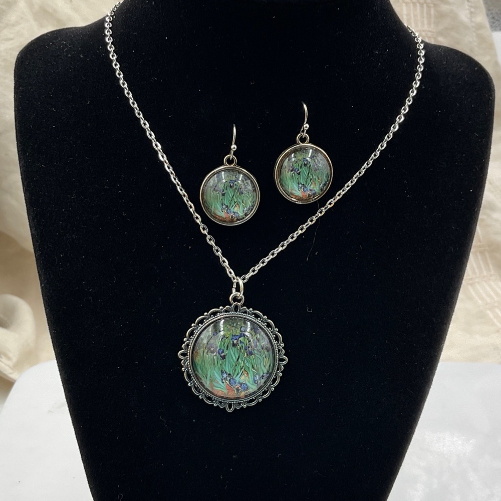 Fern & Filigree Purple Iris Plants Earrings & Necklace W/Stunning Purple Flowers